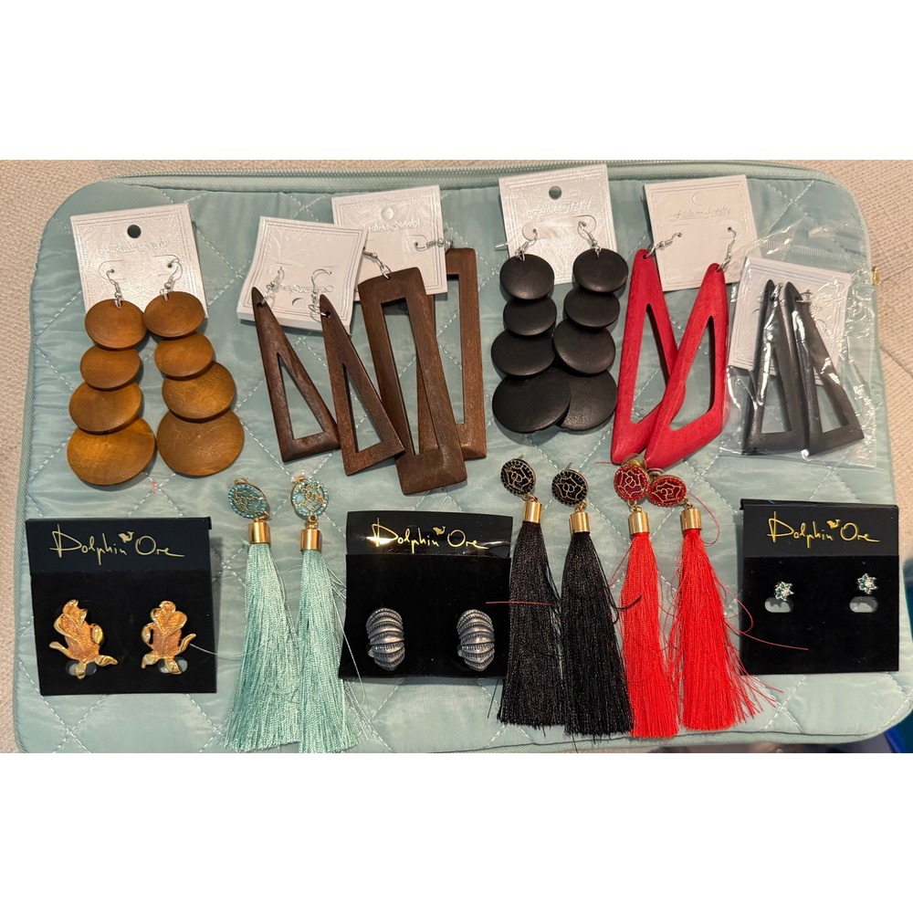Dolphin Ore & Mixed Statement Earring Lot Wood Geometric Tassel Boho 11 Pairs